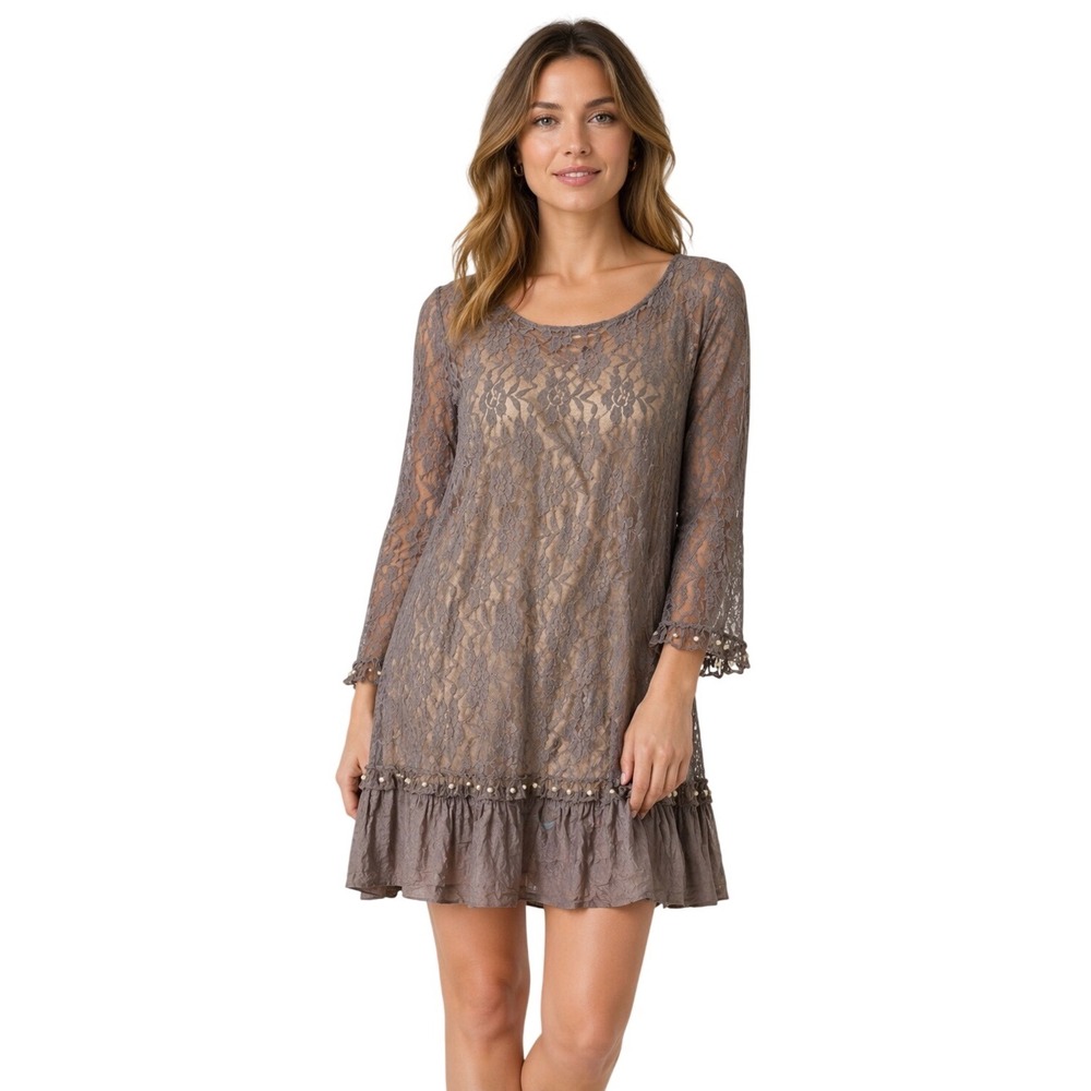 Paisley Vine Taupe Floral Lace Pearl Ruffle Hem Tunic Dress L Cottage Coquette